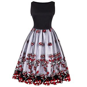 Black cocktail dress with red accents